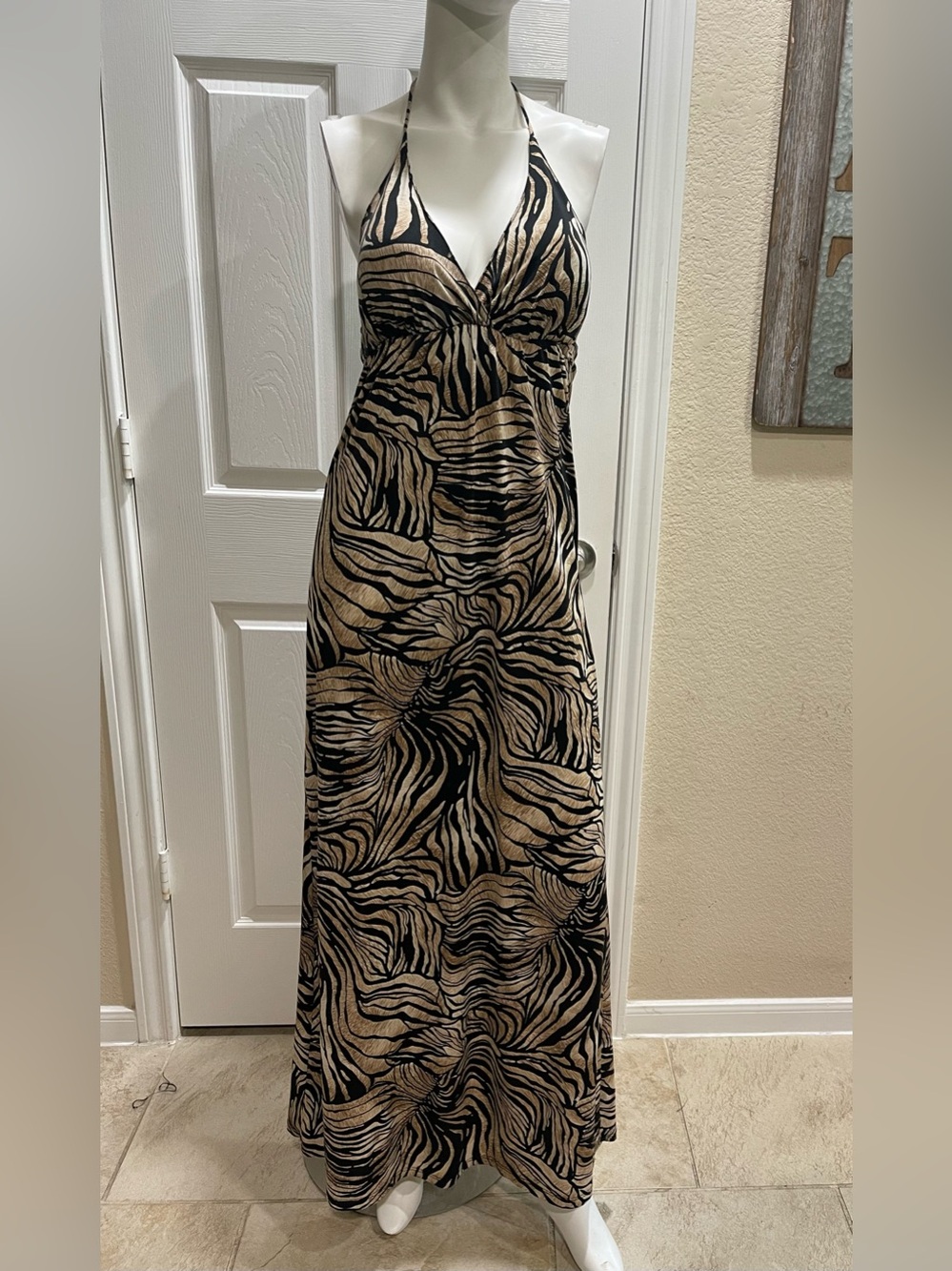 Vintage House of Deréon Silky Zebra Print Halter Maxi Dress Size Small